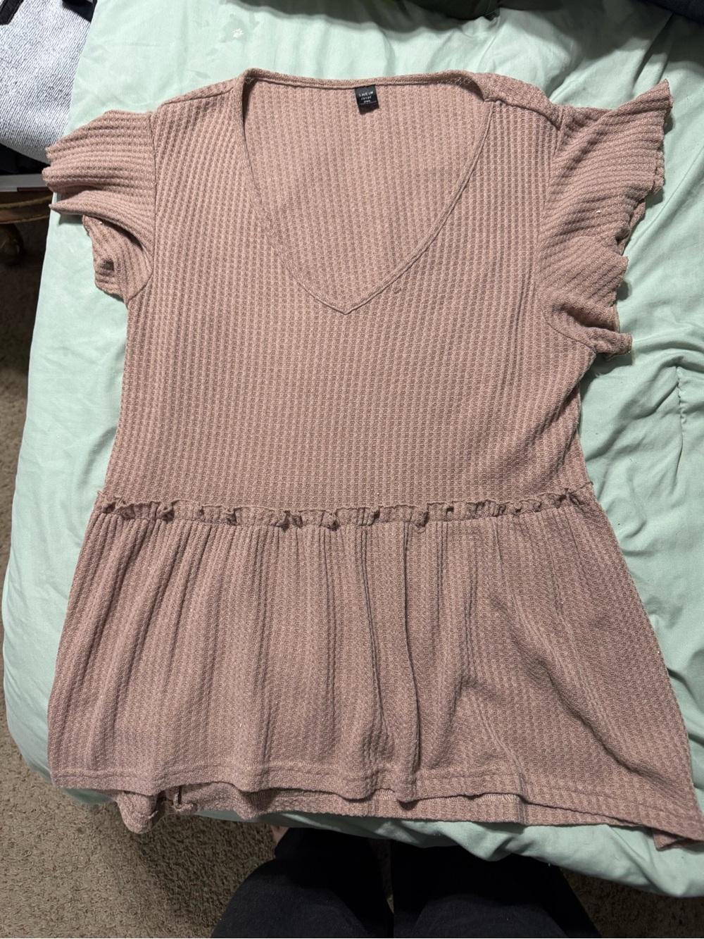 Waffle Knit V-Neck Peplum Top - Dusty Rose